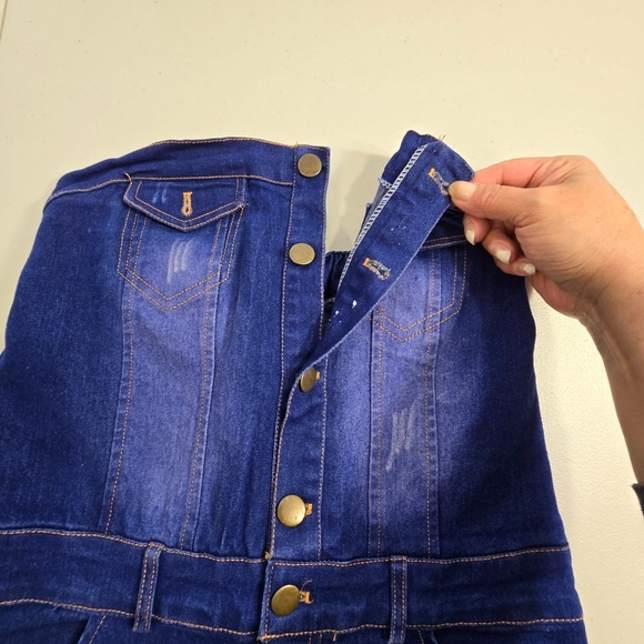 Women Strapless Sleeveless Denim Buttons Pockets Bodycon Long Jumpsuit Sz M - Picture 3 of 13
